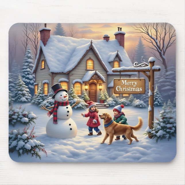 Tapis De Souris Scène d'art de Noël enneigée et cosy (Devant)