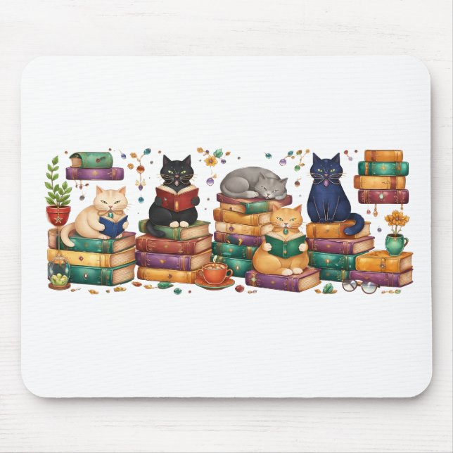 Tapis De Souris Scène de bibliothèque cosy avec des chats lisant d (Devant)