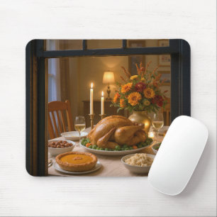 Tapis De Souris Scène de festin de Thanksgiving dans une fenêtre