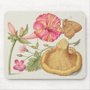 Tapis De Souris Scène de jardin avec fleurs, papillon et champigno