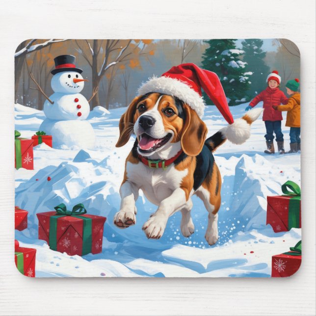 Tapis De Souris Scène de neige festive de Noël avec Beagle (Devant)