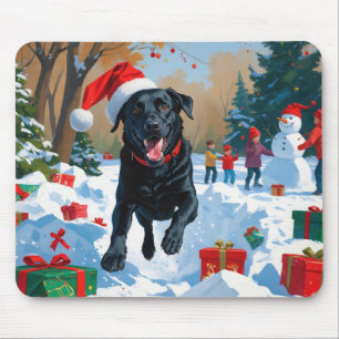 Tapis De Souris Scène de neige festive de Noël avec Labrador noir 