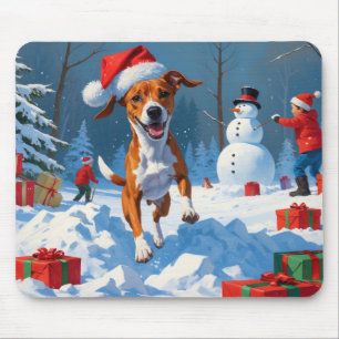 Tapis De Souris Scène de neige festive de Noël avec un Basenji