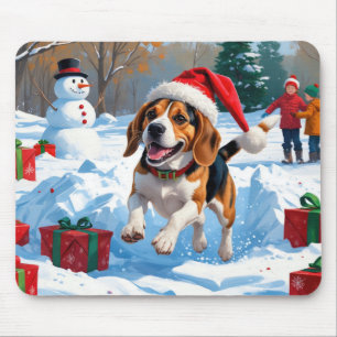 Tapis De Souris Scène de neige festive de Noël Beagle