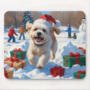 Tapis De Souris Scène de neige festive de Noël Bichon Frise