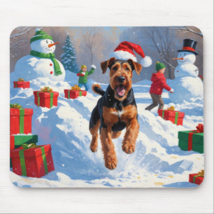 Tapis De Souris Scène de neige festive de Noël d'Airedale