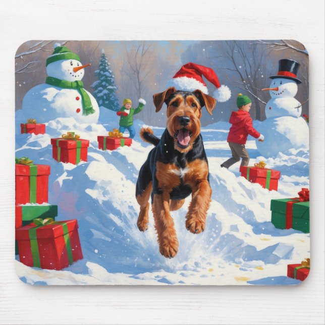 Tapis De Souris Scène de neige festive de Noël d'Airedale (Devant)