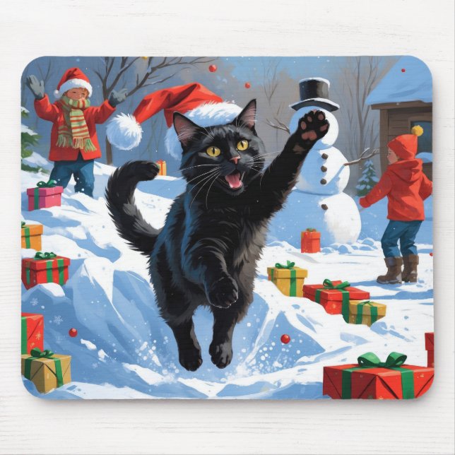 Tapis De Souris Scène de neige festive de Noël de chat noir (Devant)