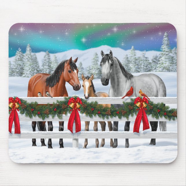 Tapis De Souris Scène de Noël Baie Buckskin Dapple Chevaux gris (Devant)