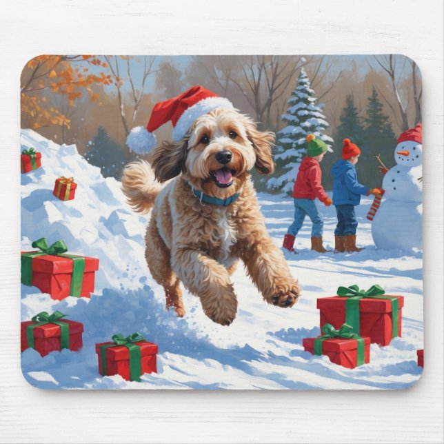 Tapis De Souris Scène de Noël enneigée avec un Bernedoodle festif (Devant)
