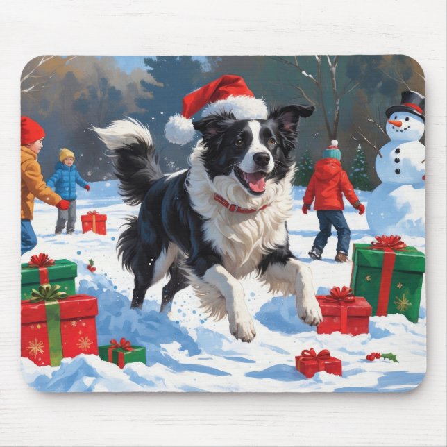 Tapis De Souris Scène de Noël festive Border Collie enneigée (Devant)