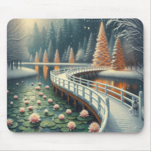 Tapis De Souris Scène de Noël hivernale sereine sur un ordinateur 