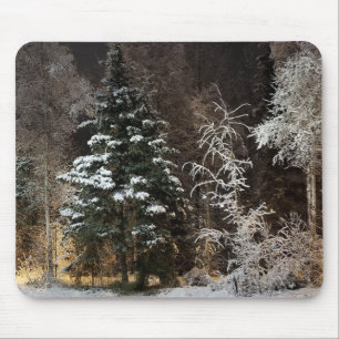 Tapis De Souris Scène de nuit forestière hivernale cosy