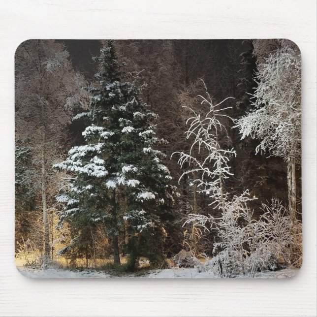 Tapis De Souris Scène de nuit forestière hivernale cosy (Devant)