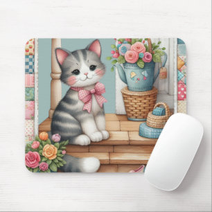 Tapis De Souris Scène de patchwork floral avec un chat sur une vér
