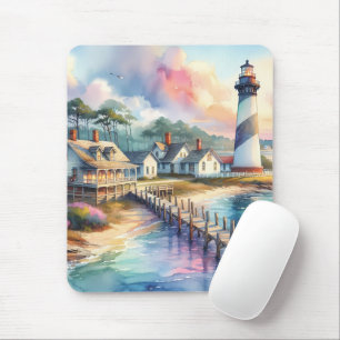 Tapis De Souris Scène de phare côtier et de cottages de plage