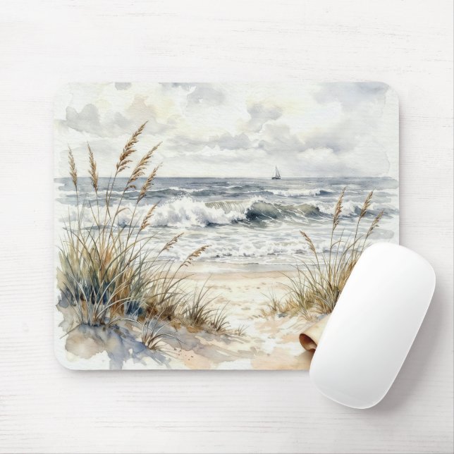 Tapis De Souris Scène de plage à l'aquarelle avec page gondolée (Avec souris)