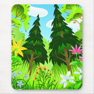 Tapis De Souris Scène des arbres et des fleurs de la forêt de prin
