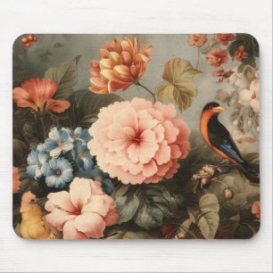Tapis De Souris Scène florale et aviaire vintage vibrante