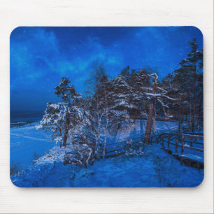 Tapis De Souris Scène hivernale nocturne avec pins enneigés