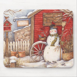 Tapis De Souris Scène hivernale Rustique Snowman