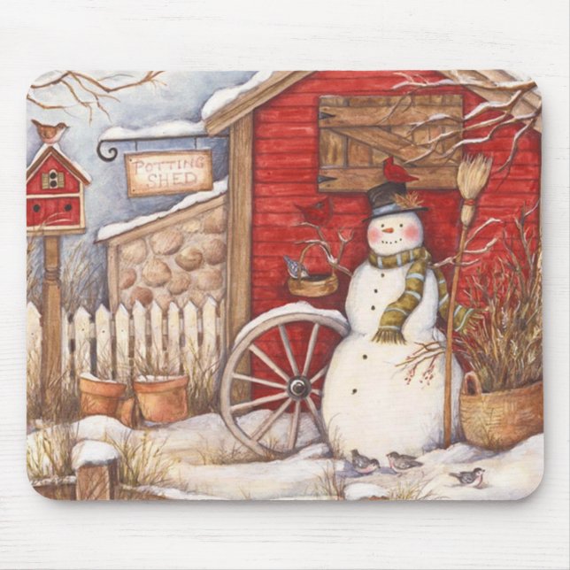 Tapis De Souris Scène hivernale Rustique Snowman (Devant)
