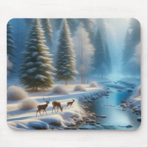 Tapis De Souris Scène Naturelle, Cerf, Hiver, Neige, Cadeau