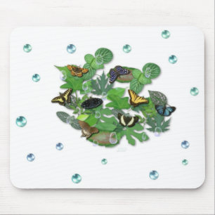 Tapis De Souris Schmetterlinge mit Blätter, Regentropfen, Perlen