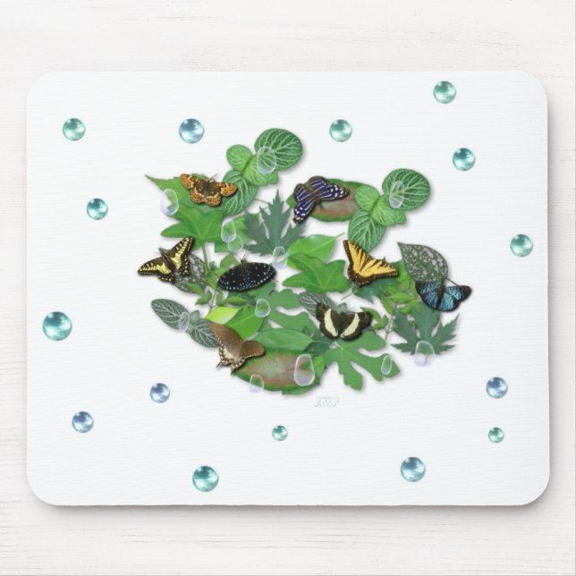 Tapis De Souris Schmetterlinge mit Blätter, Regentropfen, Perlen (Devant)