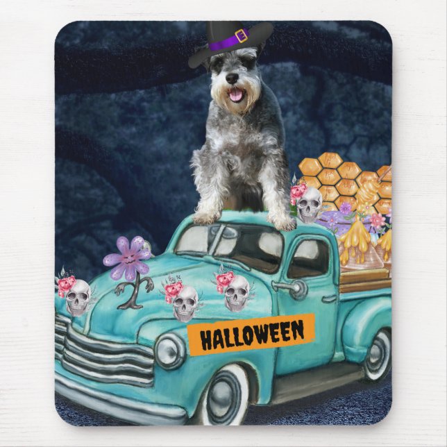 Tapis De Souris Schnauzer Dog Halloween Truck Scary Night  (Devant)