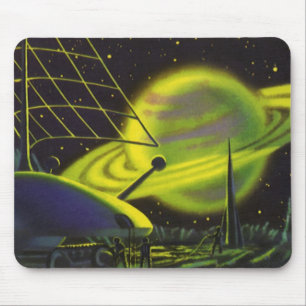 Tapis De Souris Science-fiction vintage Neon Green Planet w Rings