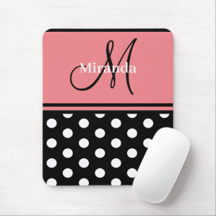 Tapis De Souris Script de monogramme de Pois blancs roses noires