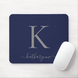 Tapis De Souris Script de monogramme en argent bleu marine