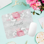 Tapis De Souris Script de nom de parties scintillant des fleurs ro<br><div class="desc">Un tapis de souris féminin pour votre bureau. Un arrière - plan classique à l'allure fausse argent. Décoré de roses roses roses et blanches, de fleurs et de parties scintillant faux argent, scintille. Personnalisez et ajoutez votre nom. Le nom est écrit avec un script de style moderne écrit à la...</div>