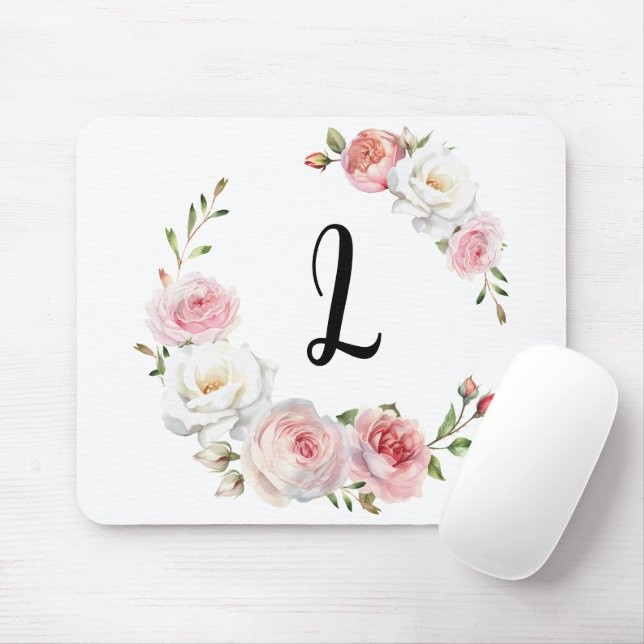 Tapis De Souris Script initial des roses rose et blanc chic (Avec souris)