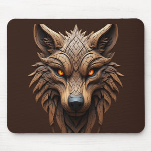 Tapis De Souris Sculpture de loup en bois d'art avec motifs géomét