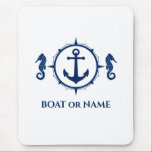 Tapis De Souris Seahorse Ancre nautique Votre bateau ou nom Bleu<br><div class="desc">Cheval nautique et Ancre Capitaine Votre nom personnalisé ou nom de bateau Carte souris.</div>