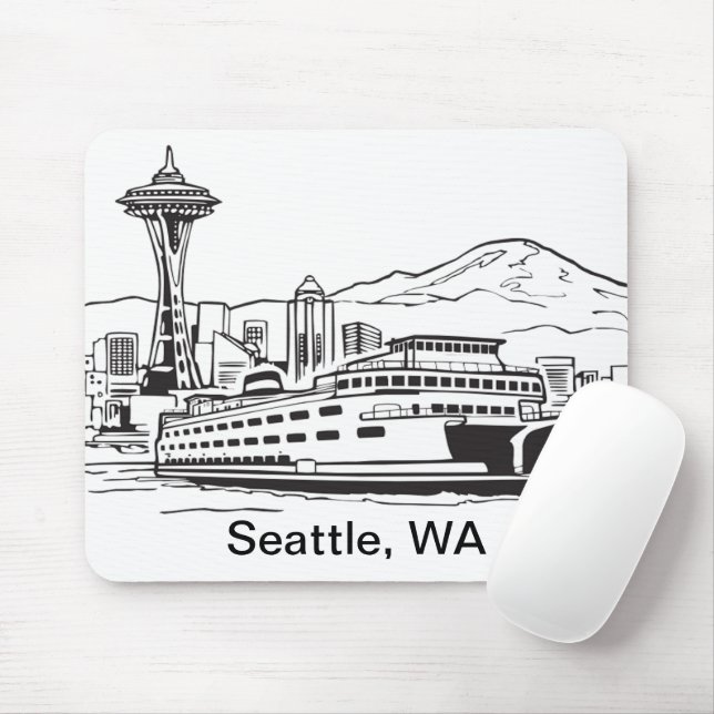 Tapis De Souris Seattle Ferry & Skyline Washington State Line Art (Avec souris)
