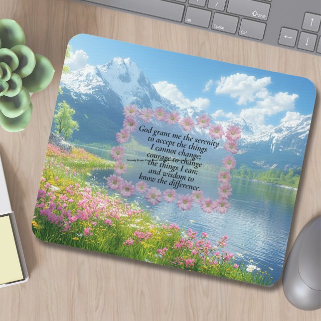 Tapis De Souris Serenity Prayer Floral Heart With Mountain View (Mountain View With Wildflowers Serenity Prayer Mouse Pad.)