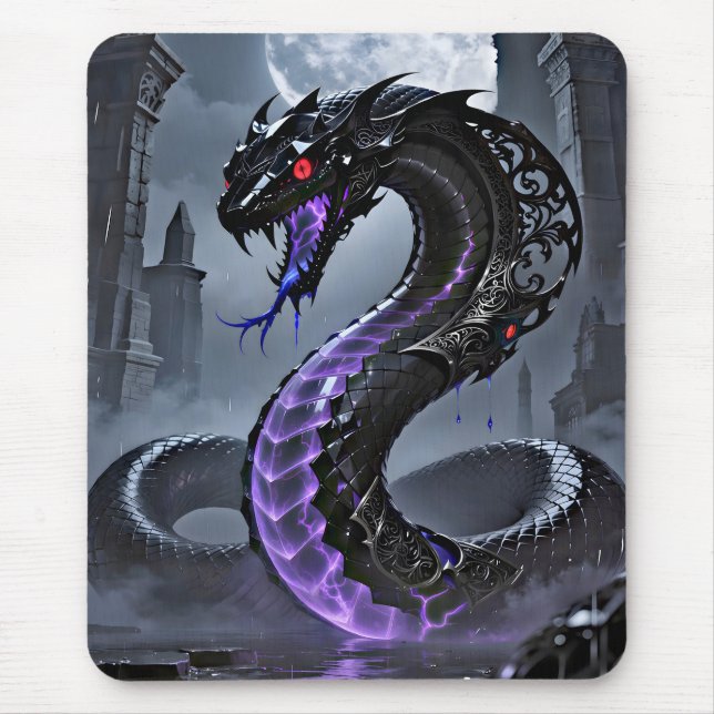 Tapis De Souris Serpent Noir Gothique Néon Violet Fantastique  (Devant)