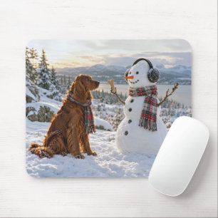 Tapis De Souris Setter Irlandais regardant un bonhomme de neige te