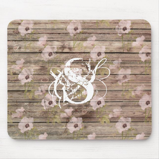 Tapis De Souris Shabby Chic rose Motif Floral Monogramme Bois (Devant)