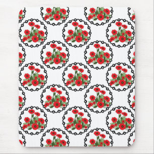 Tapis De Souris Shabby Chic Rouge, Coquelicots Floral Blanc & Noir