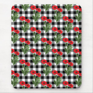 Tapis De Souris Shabby Chic Rouge, Coquelicots Floraux Noir et Bla