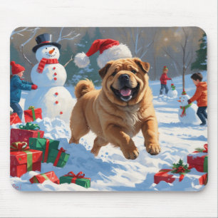 Tapis De Souris Shar Pei courant dans la neige avec un chapeau de 