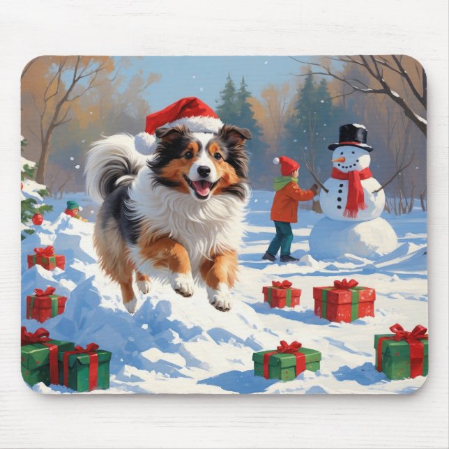 Tapis De Souris Shetland Sheepdog Courir La Neige Avec Le Casquett (Devant)