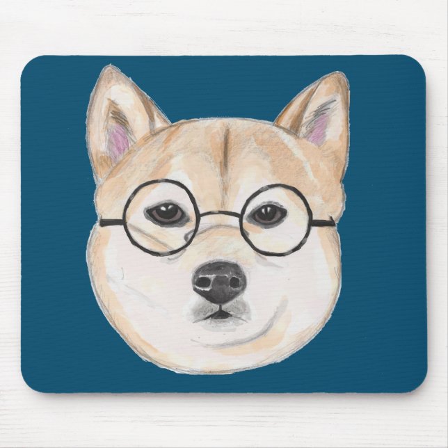Tapis De Souris Shiba Inu avec les verres encadrés par rond (Devant)