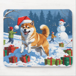Tapis De Souris Shiba Inu courant dans la neige avec un chapeau de