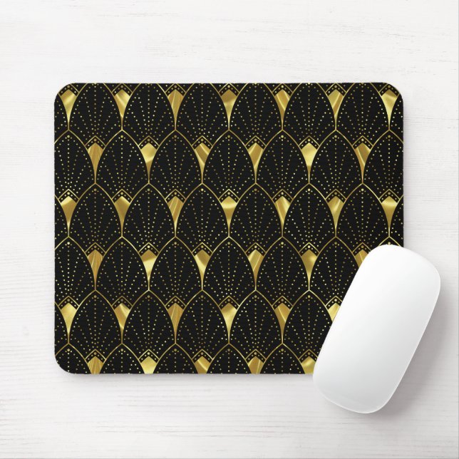 Tapis De Souris Shiny Gold Art Deco Pattern On Black Background (Avec souris)
