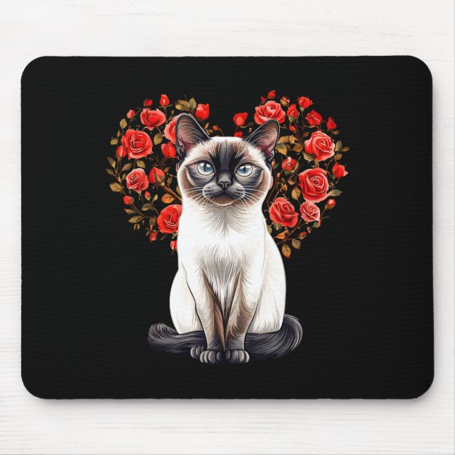 Tapis De Souris Siamese Cat Lover Floral Heart Valentines Day  (Devant)
